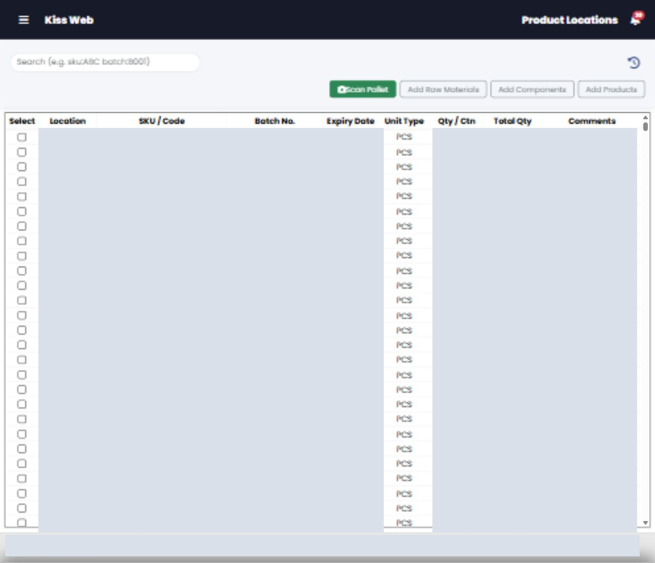 Redacted KISS-Web product locations screen with pallet inventory table and search controls