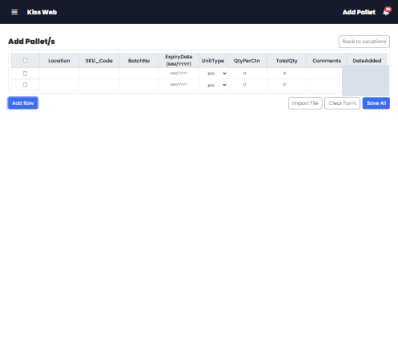 Redacted KISS-Web add pallets screen with pallet entry rows and import controls