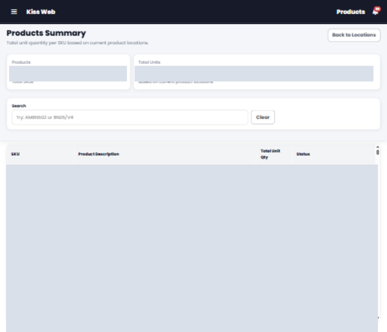 Redacted KISS-Web products summary with search controls and SKU quantity table