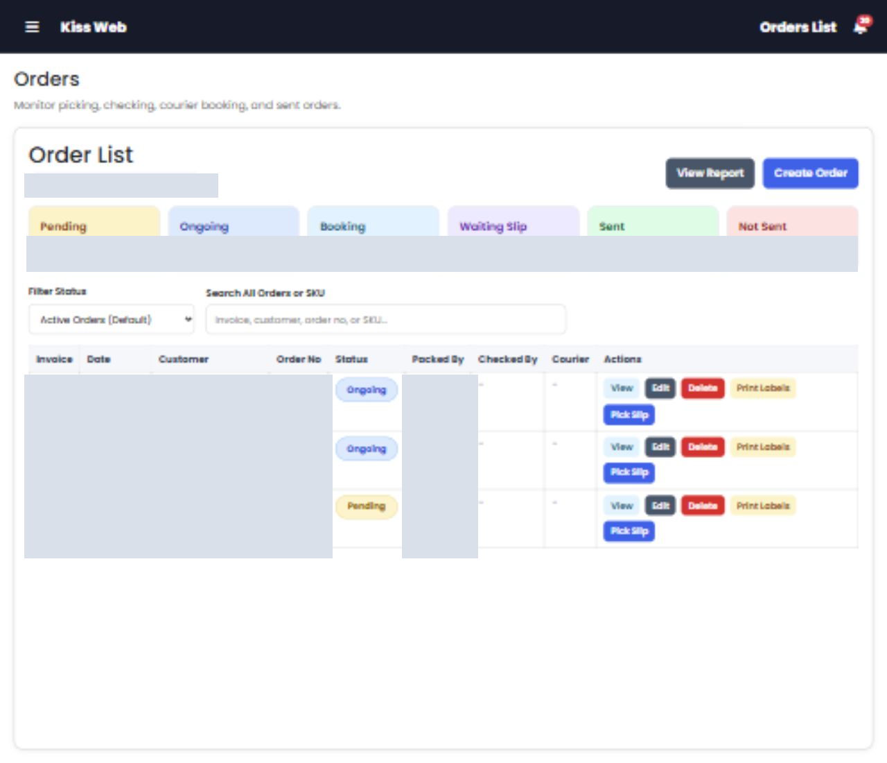 Redacted KISS-Web orders list showing status filters and order workflow actions