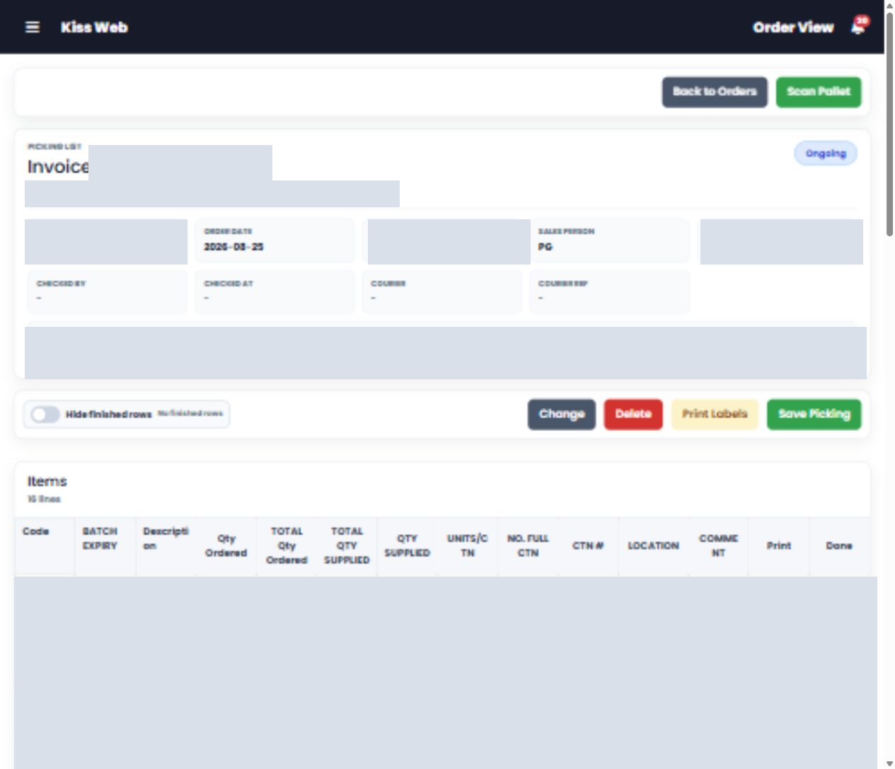 Redacted KISS-Web order view with picking details, checking fields and fulfilment actions