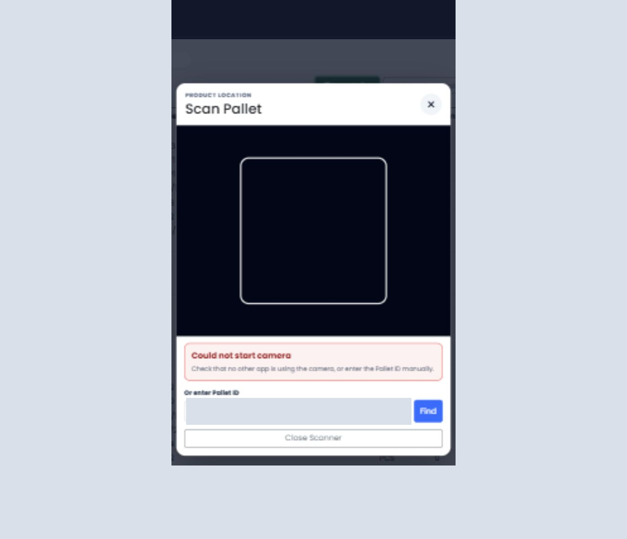 Redacted KISS-Web pallet scanner with camera area and manual pallet ID field