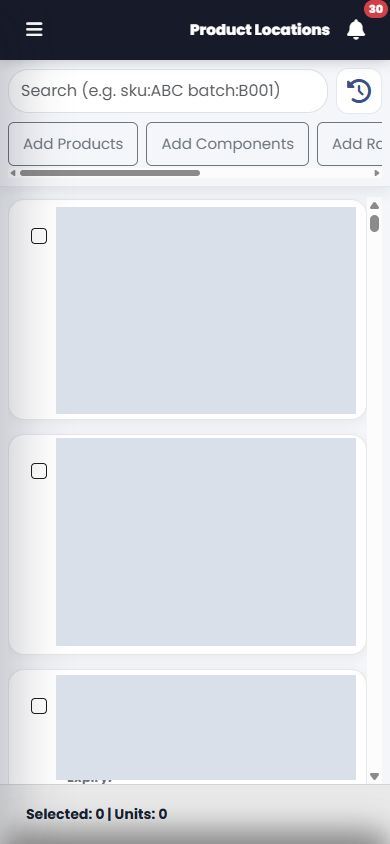 Redacted mobile KISS-Web product locations and pallet inventory view