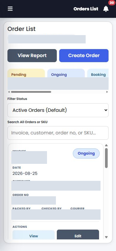 Redacted mobile KISS-Web orders list with responsive status and order cards