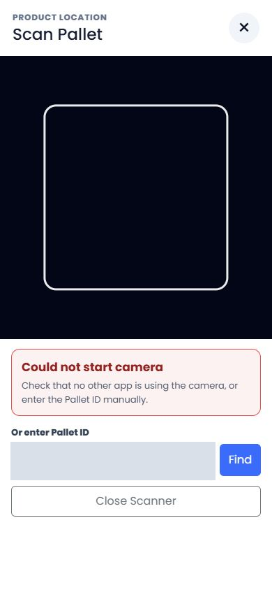 Redacted mobile KISS-Web QR pallet scanner with manual pallet ID fallback